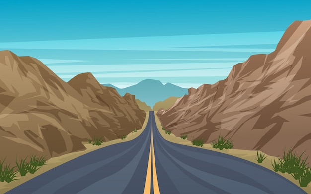 Vetor ilustração de paisagem de dia ensolarado de estrada reta de montanha