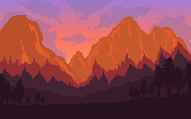 ilustração de paisagem de floresta de montanha de pôr do sol