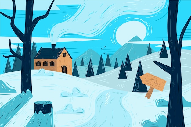 Vetor ilustração de paisagem de inverno desenhada à mão