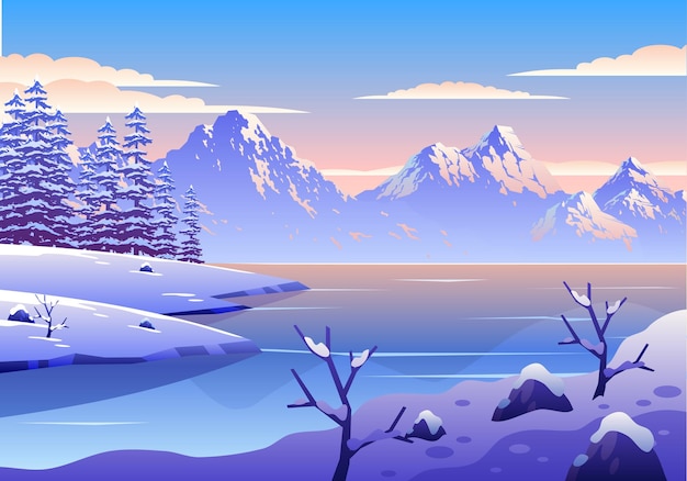 Vetor ilustração de paisagem de inverno nevado com lago, pinheiros e montanhas