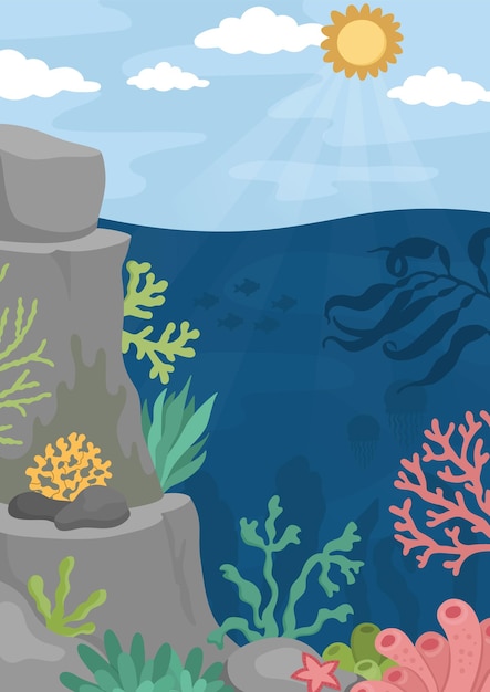 Ilustração de paisagem de vetor sob o mar cena de vida do oceano com recife algas pedras corais peixes rochas fundo de natureza de água vertical bonito imagem aquática para crianças com céu e solxa