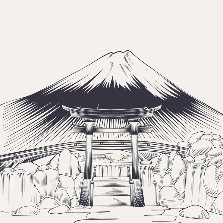 Ilustração de paisagem japonesa desenhada à mão