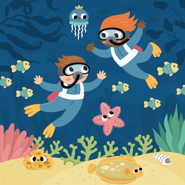 Ilustração de paisagem vetorial sob o mar com mergulhadores infantis Escena de vida oceânica com areia algas corais recifes água quadrada bonita fundo natureza imagem aquática para criançasxA