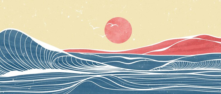 Vetor ilustração de paisagens de ondas oceânicas pintura moderna minimalista criativa e impressão de arte de linha paisagens de fundos estéticos contemporâneos abstratos com ondas de pôr-do-sol do oceano