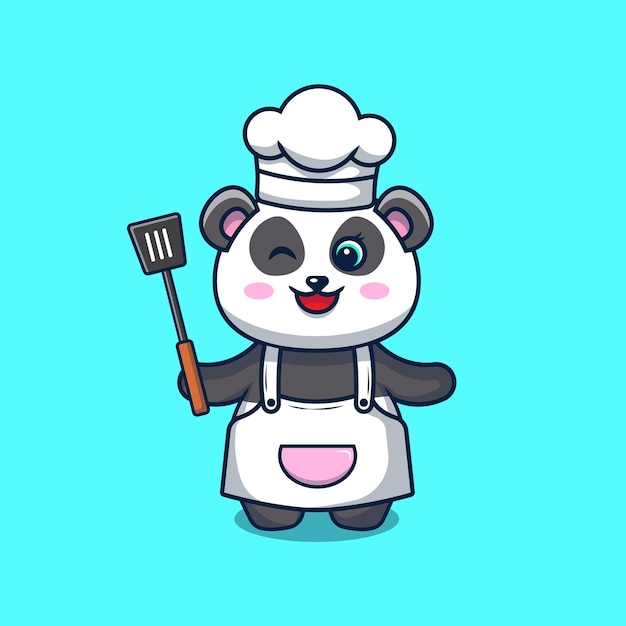 Ilustração de panda de chef fofo Panda em ilustração de estilo kawaii Panda cozinhando com espátula