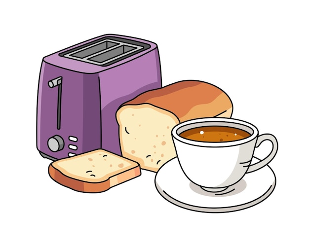 Ilustração de pão e uma xícara de café ao lado de uma torradeira