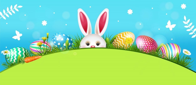 Ilustração de páscoa feliz com coelho e ovos pintados coloridos.