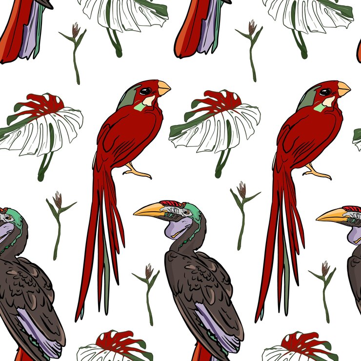 Vetor ilustração de pássaro sem costura de inspiração vintage com detalhes florais impressão de pássara exótica com sotaques botânicos detalhados em um fundo claro