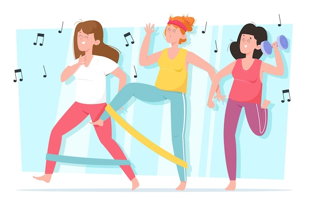 Ilustração de passos de fitness de dança desenhada à mão plana