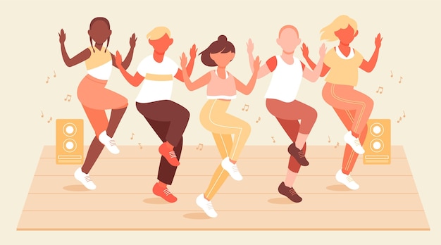 Vetor ilustração de passos de fitness de dança desenhada à mão plana