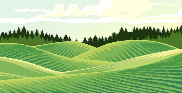 ilustração de pastagens agrícolas com um fundo de árvores e montanhas em um céu claro