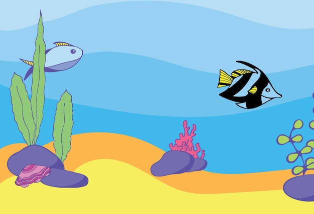 Vetor ilustração de peixe desenhado à mão panorama do mundo subaquático