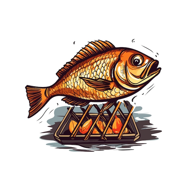 Vetor ilustração de peixe grelhado de desenhos animados desenhados à mão