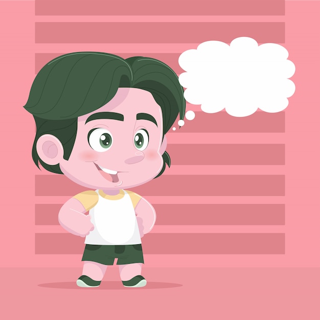 Ilustração de pensamento menino feliz, personagem de desenho animado.