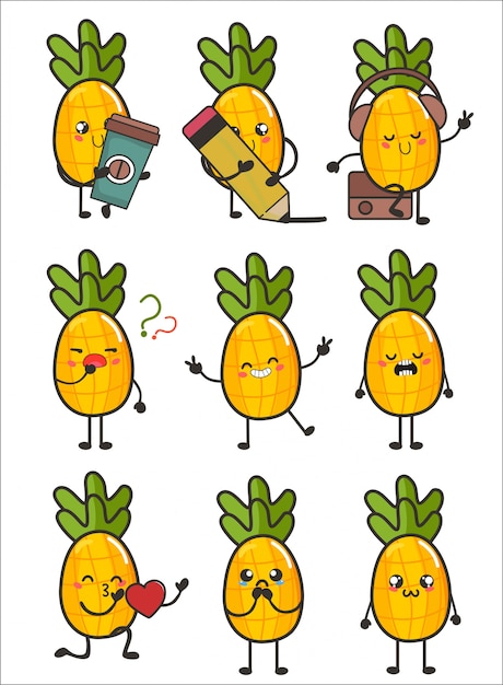 Vetor ilustração de personagem de abacaxi fruta definida para expressão feliz