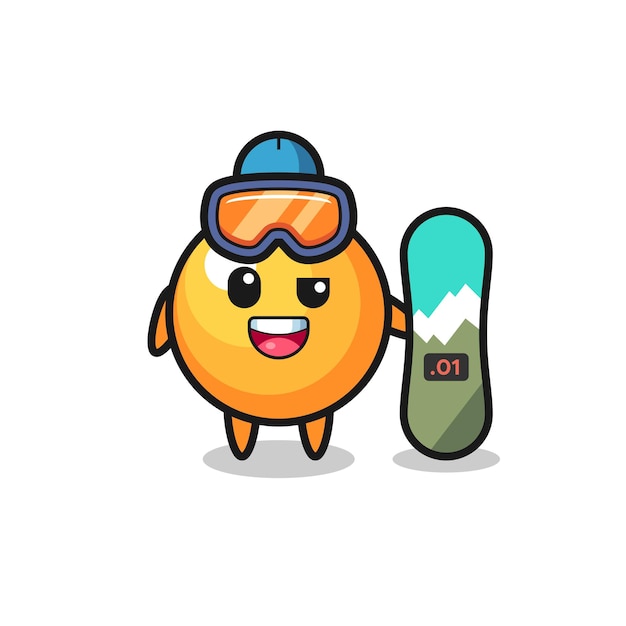 Ilustração de personagem de bola de pingue-pongue com estilo de snowboard, design de estilo fofo para camiseta, adesivo, elemento de logotipo