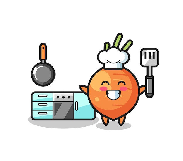 Ilustração de personagem de cenoura enquanto o chef está cozinhando, design de estilo fofo para camiseta, adesivo, elemento de logotipo