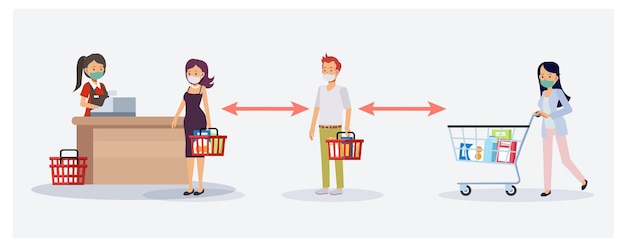 Ilustração de personagem de desenho animado plana de distanciamento social em mercearia, conceito de supermercado.