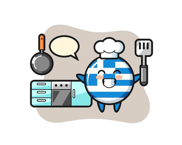 Ilustração de personagem de distintivo de bandeira da grécia como um chef está cozinhando