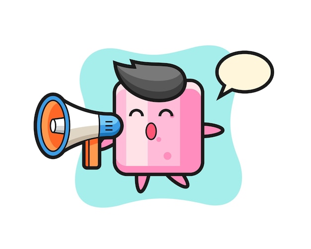 Ilustração de personagem de marshmallow segurando um megafone