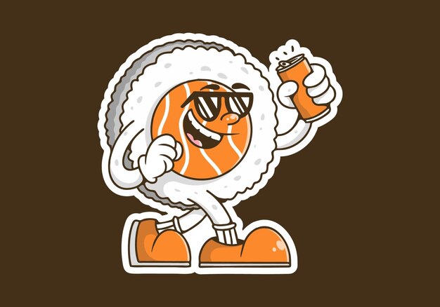 Ilustração de personagem de mascote de sushi caminhando segurando uma lata de cerveja cor laranja