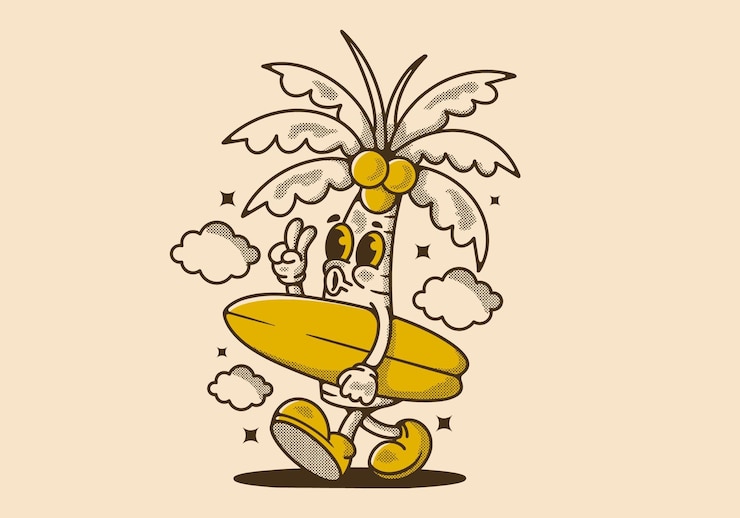 Vetor ilustração de personagem de mascote de um coco segurando uma prancha de surf