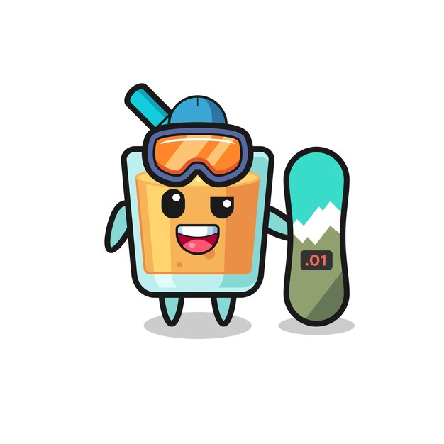 Ilustração de personagem de suco de laranja com estilo de snowboard, design de estilo fofo para camiseta, adesivo, elemento de logotipo