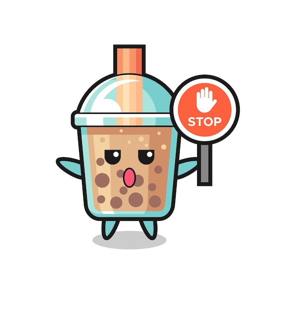 Vetor ilustração de personagem do bubble tea segurando uma placa de pare, design de estilo fofo para camiseta, adesivo, elemento de logotipo