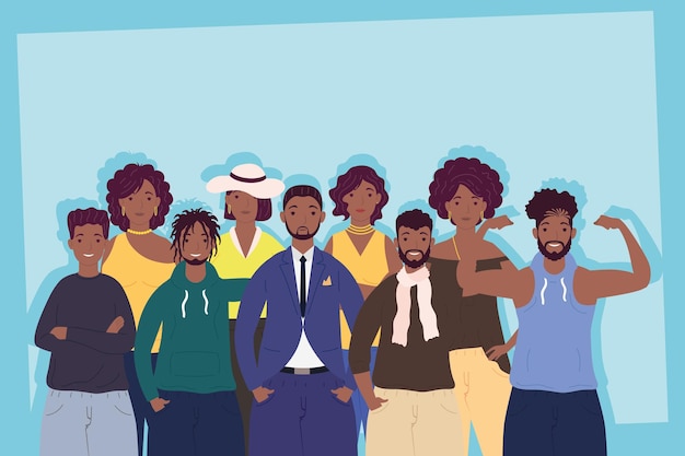 Vetor ilustração de personagens afro com grupo de nove pessoas