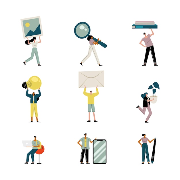 Ilustração de personagens de avatares de pessoas levantando objetos