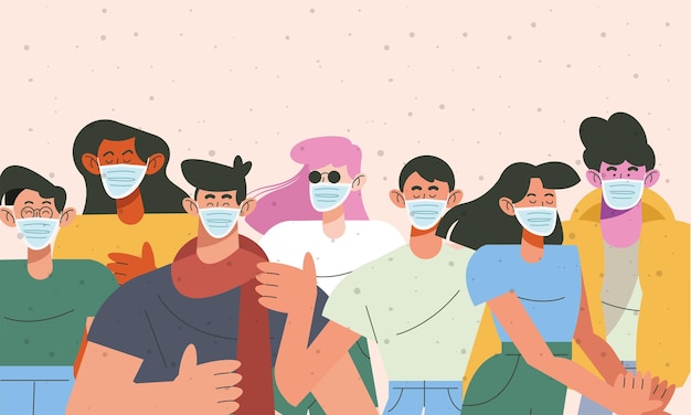 Ilustração de personagens de grupo de sete jovens usando máscaras médicas