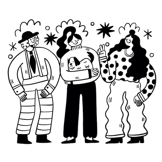 Ilustração de personagens desenhados à mão