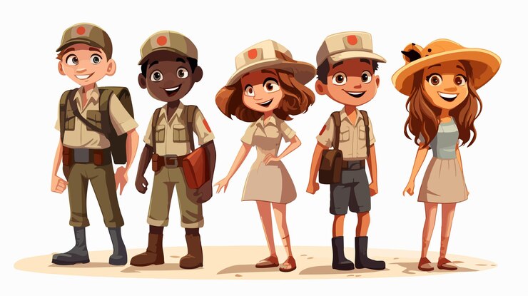 Vetor ilustração de personagens diversas coleções de roupas de safari
