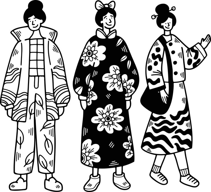 Vetor ilustração de personagens em roupas de estilo chinês ou japonês desenhadas à mão em estilo de linha