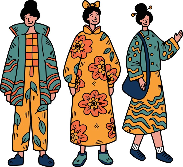 Vetor ilustração de personagens em roupas de estilo chinês ou japonês desenhadas à mão em estilo de linha