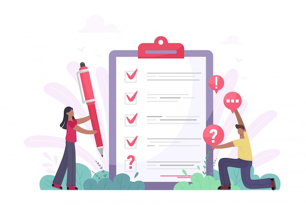 Ilustração de pesquisa. conceito de apartamento mini pessoas com teste de qualidade e relatório de satisfação. feedback dos clientes ou formulário de opinião. o cliente responde à compreensão com a equipe de pesquisa profissional