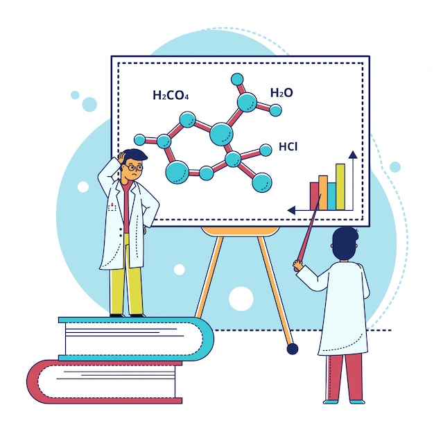 Ilustração de pesquisa de laboratório de linha, personagem de desenho animado cientista minúsculo trabalhando, analisando a estrutura molecular em branco