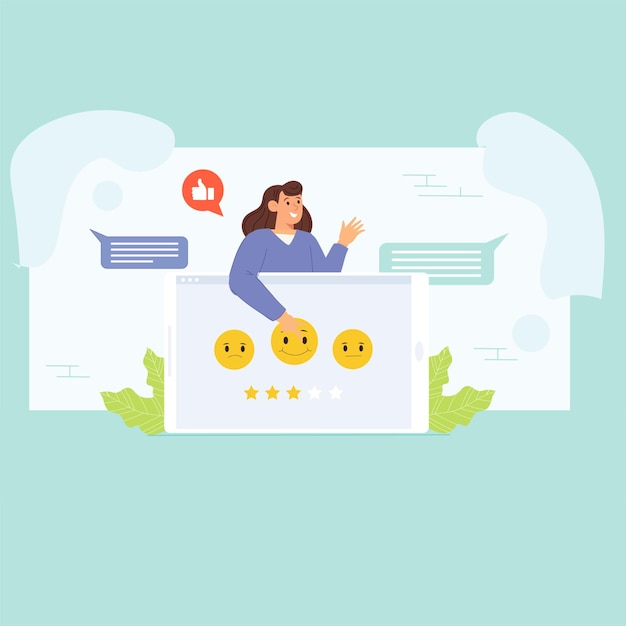 Ilustração de pesquisa on-line interativa com emojis de feedback e engajamento do usuário