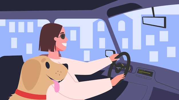 Ilustração de pessoas dentro de seus carros. personagem feminina dirigindo um carro com seu cachorro. mulher no carro a caminho.