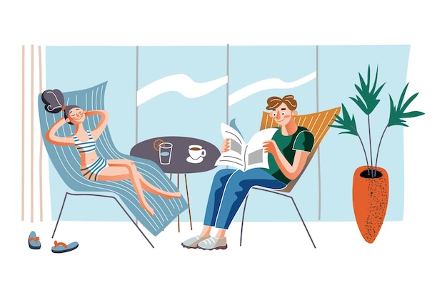 Ilustração de pessoas em poltronas reclináveis casal relaxando em espreguiçadeiras em casa com café e coquetel