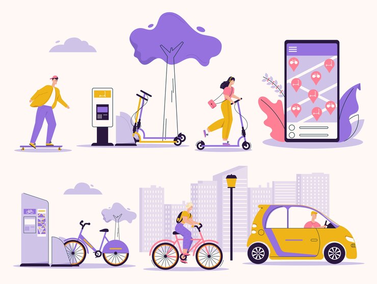 Vetor ilustração de pessoas que usam o serviço de aluguel. skate, patinete, bicicleta, carro elétrico. pesquise, alugue um aplicativo móvel de veículos. infraestrutura urbana, estilo de vida, transporte ecológico verde