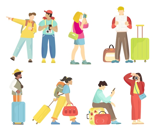 Ilustração de pessoas que viajam com acessórios, câmeras e malas