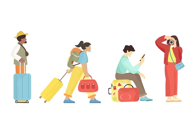 Ilustração de pessoas que viajam com acessórios, câmeras e malas