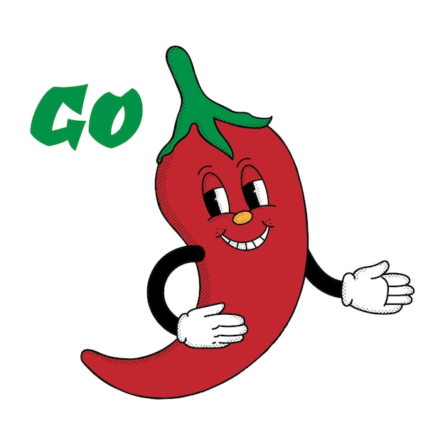 Ilustração de pimenta vermelha em personagem de desenho animado retrô com sinais de trânsito, sinal verde