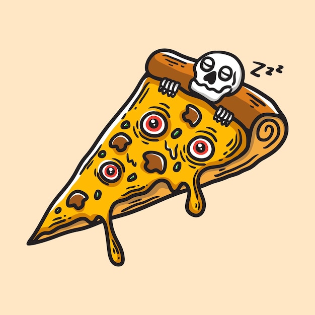 Vetor ilustração de pizza de terror com esqueleto adormecido e crânio coberto de queijo