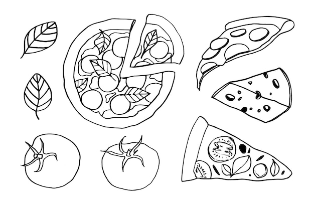 Ilustração de pizza e ingredientes