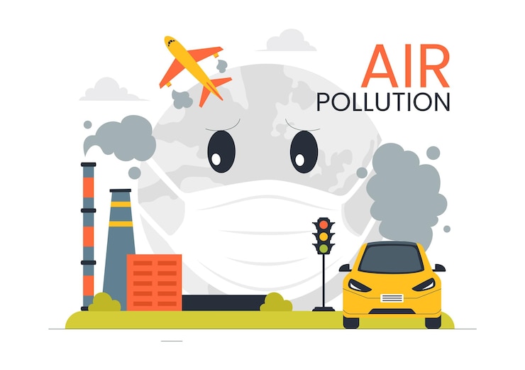 Vetor ilustração de poluição do ar com os conceitos de mudança climática e aquecimento global estradas da cidade cobertas de fumaça de fábrica e smog industrial