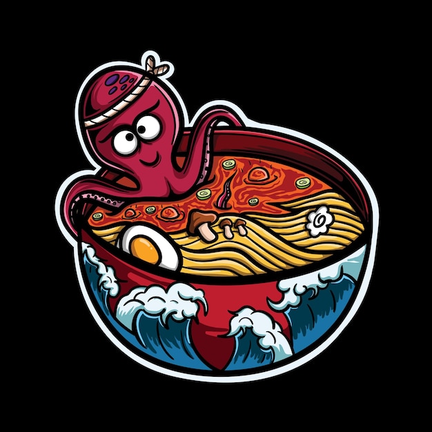 Ilustração de polvo em ramen quente e picante em fundo preto