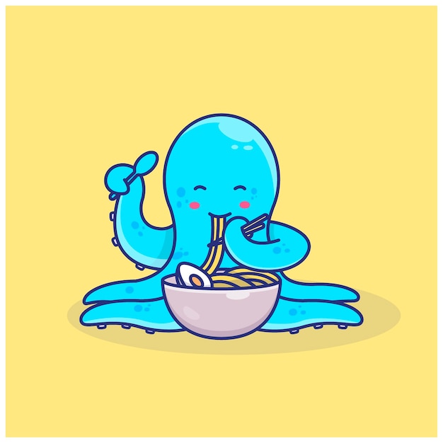 Ilustração de polvo fofo comendo ramen