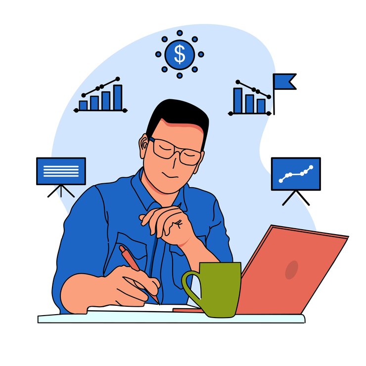 Vetor ilustração de pose de design jovem sorridente empresário freelance de sucesso trabalhando em home office no notebook e smartphone do computador portátil